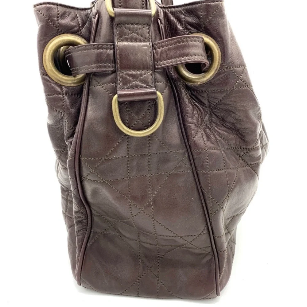 Christian Dior Vintage Brown Quilted Leather Cannage Drawstring Bucket Bag - Picture 4 of 12
